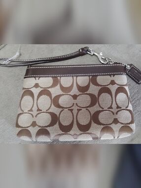Coach Brown Signature Canvas Wristlet with Leather Trim